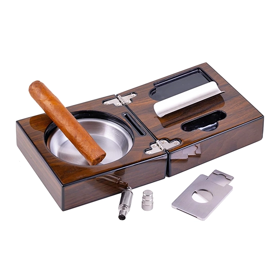 Folding Cigar Ashtray & Cutter - Walnut Finish