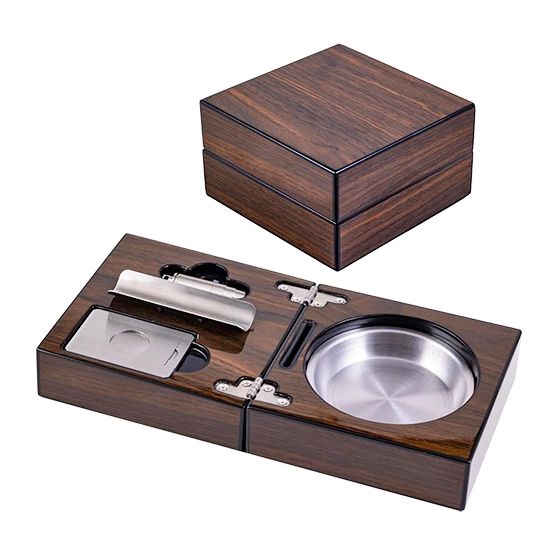 Folding Cigar Ashtray & Cutter - Walnut Finish - Image 2